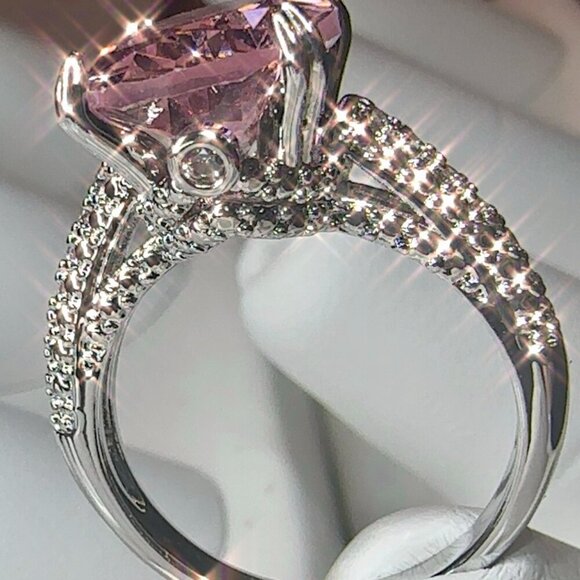 Pink Solitaire Gemstone Ring w/ Clear Accents Silver Plated Engagement size 7 - Picture 4 of 11